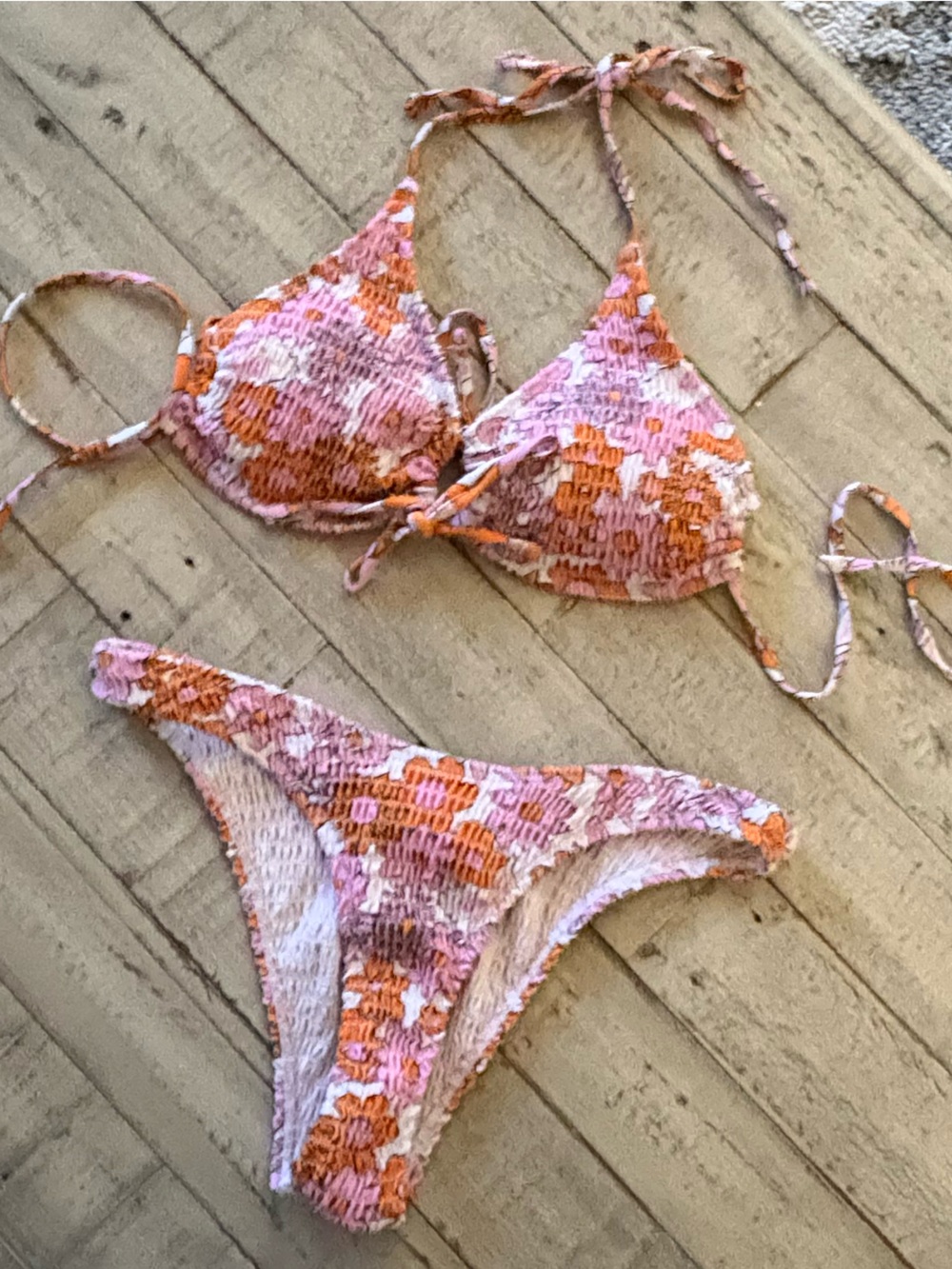 Smocked Floral Triangle Bikini Set in Pink & Orange